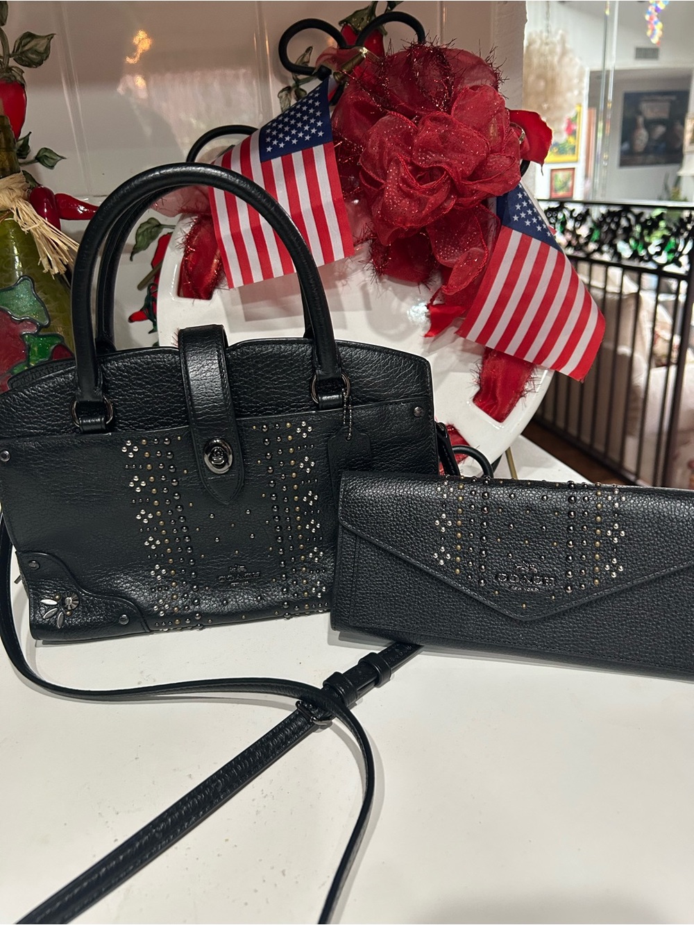 Coach Black Studded Pebbled Leather Satchel with Matching Wallet